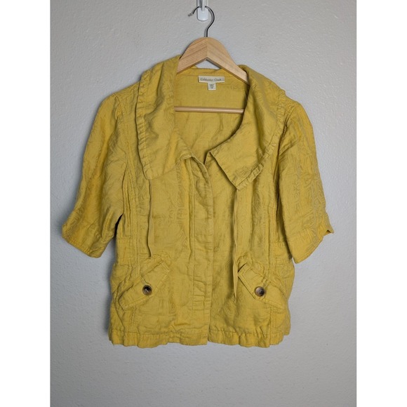 Coldwater Creek Jackets & Blazers - Coldwater Creek Jacket Womens 10 Yellow Linen Floral Pockets Short Sleeve